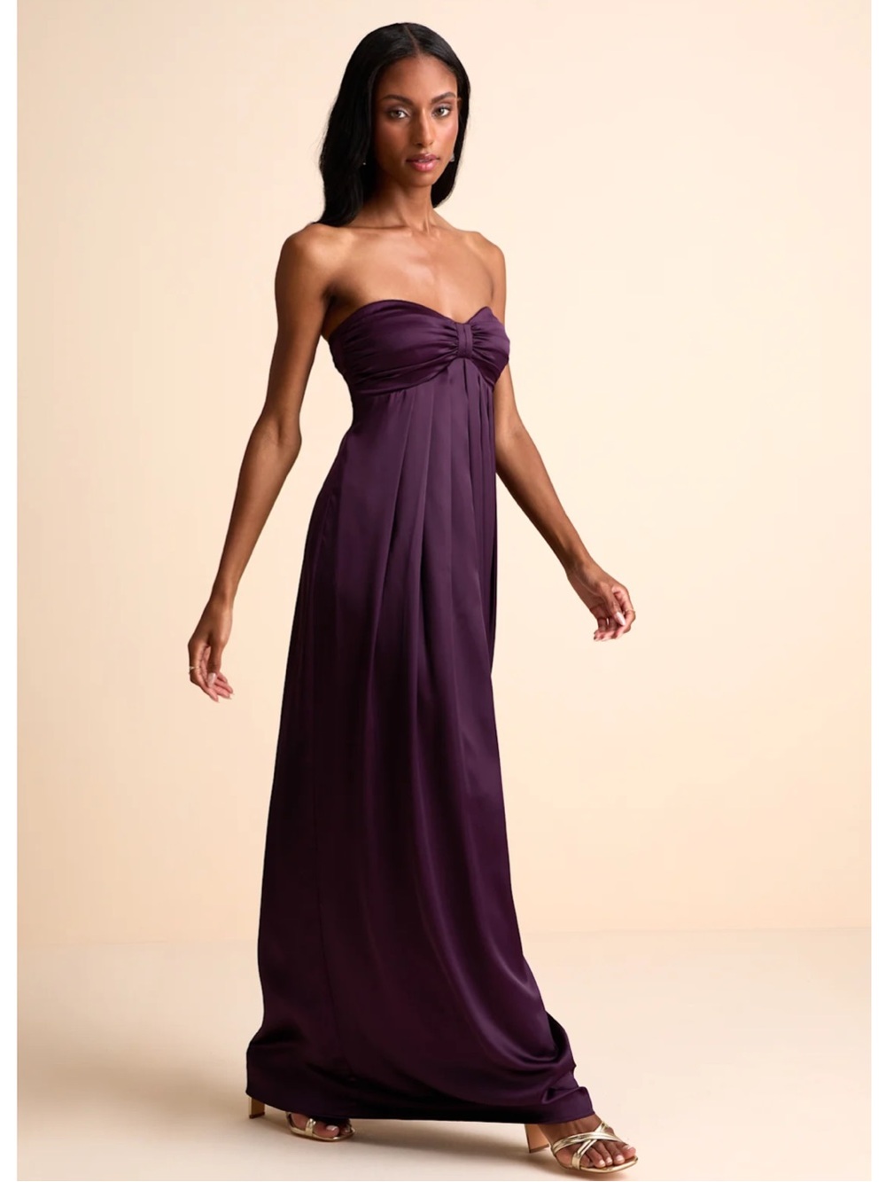 Lulus Memorable Entrance Dark Purple Strapless Satin Empire Waist Maxi Dress